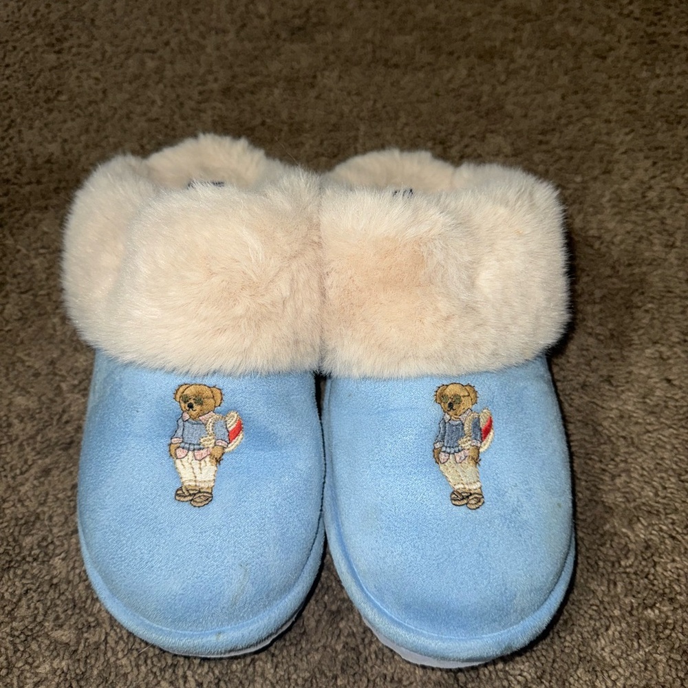 Ralph Lauren Blue Slippers with Fur Trim and Embroidery
